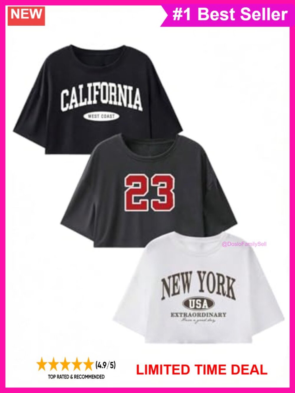 3 Pack Letter Number Graphic Crew Neck Short Sleeve Tees